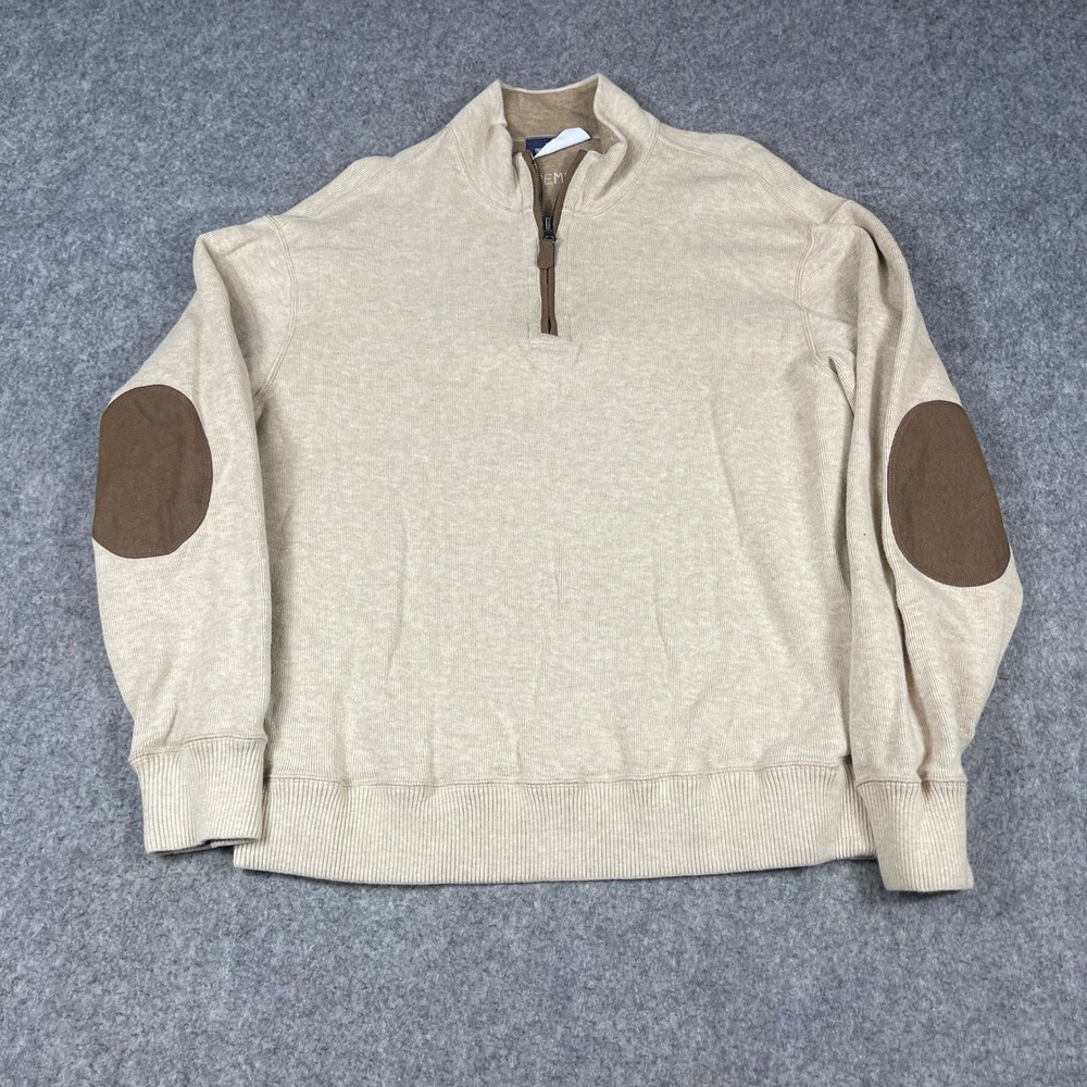 Cremieux Quarter Zip Pullover Mens Lg Oatmeal Cotton Sweater Elbow Patches